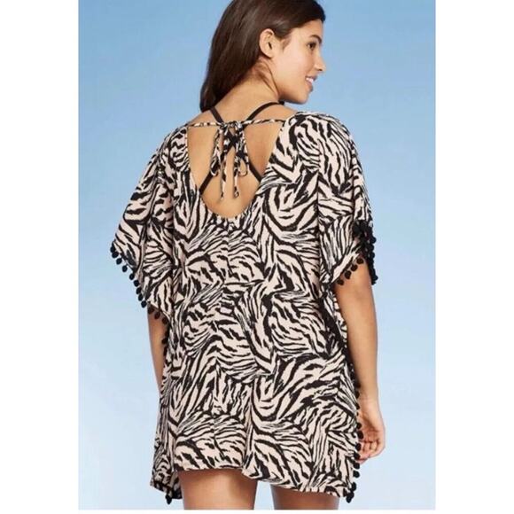 Xhilaration Zebra Animal Print Pompom Boho Beach Swimsuit Cover-up Size Medium - Picture 2 of 7